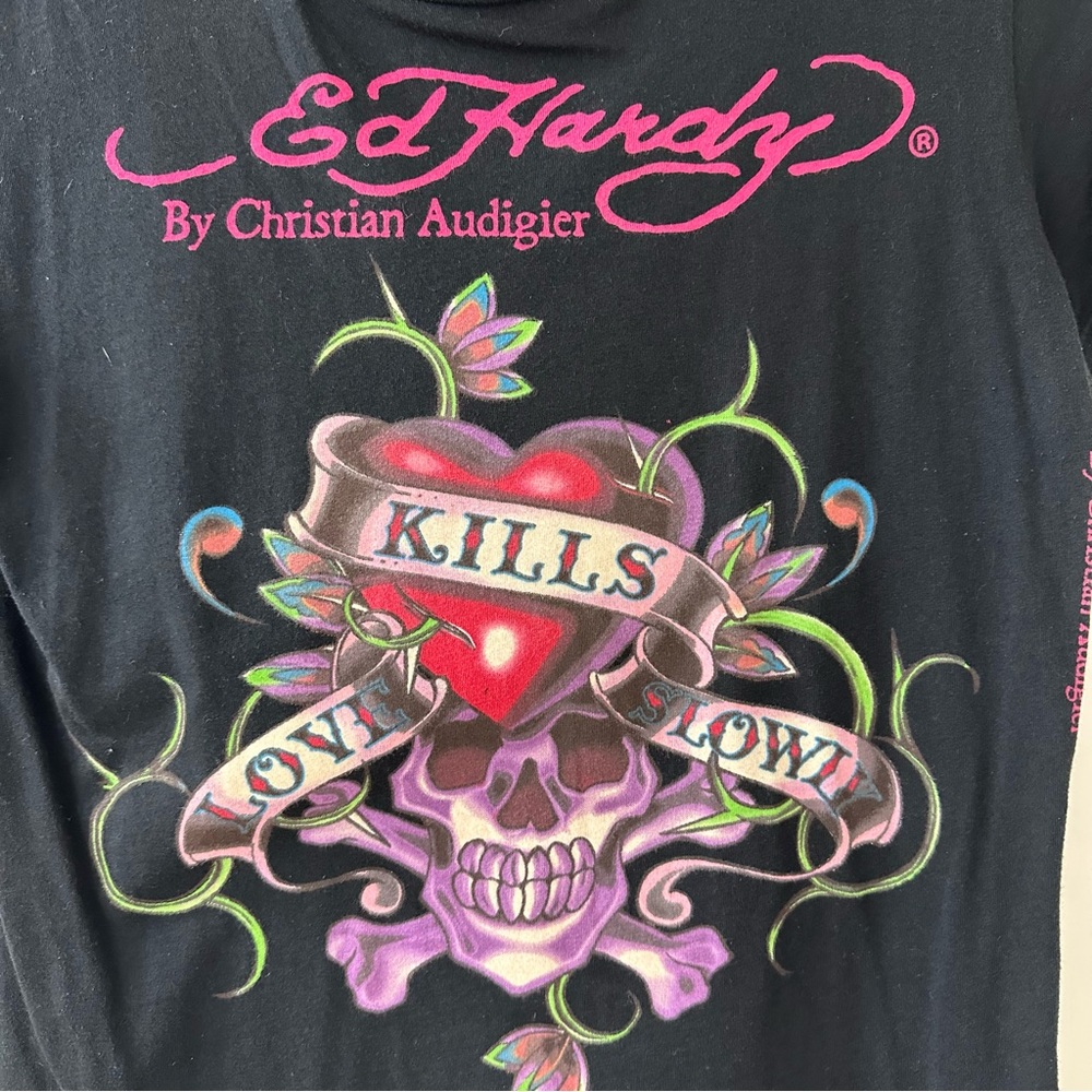 Vintage Ed Hardy by Christian Audigier Skull & Heart Graphic T-Shirt, Size Large - Picture 2 of 6